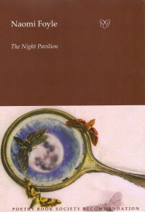 The cover of The Night Pavilion, with an image of the moon seen in a hand mirror resting on snow and surrounded by moths.
