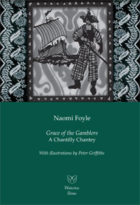 Cover of Grace of the Gamblers, with a drawing of a woman in check trousers standing in front of a Irish galley, drawing a sword.
