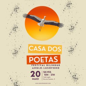 The poster for A Casa dos Poetas 2023, featuring a stork flying across the sun.