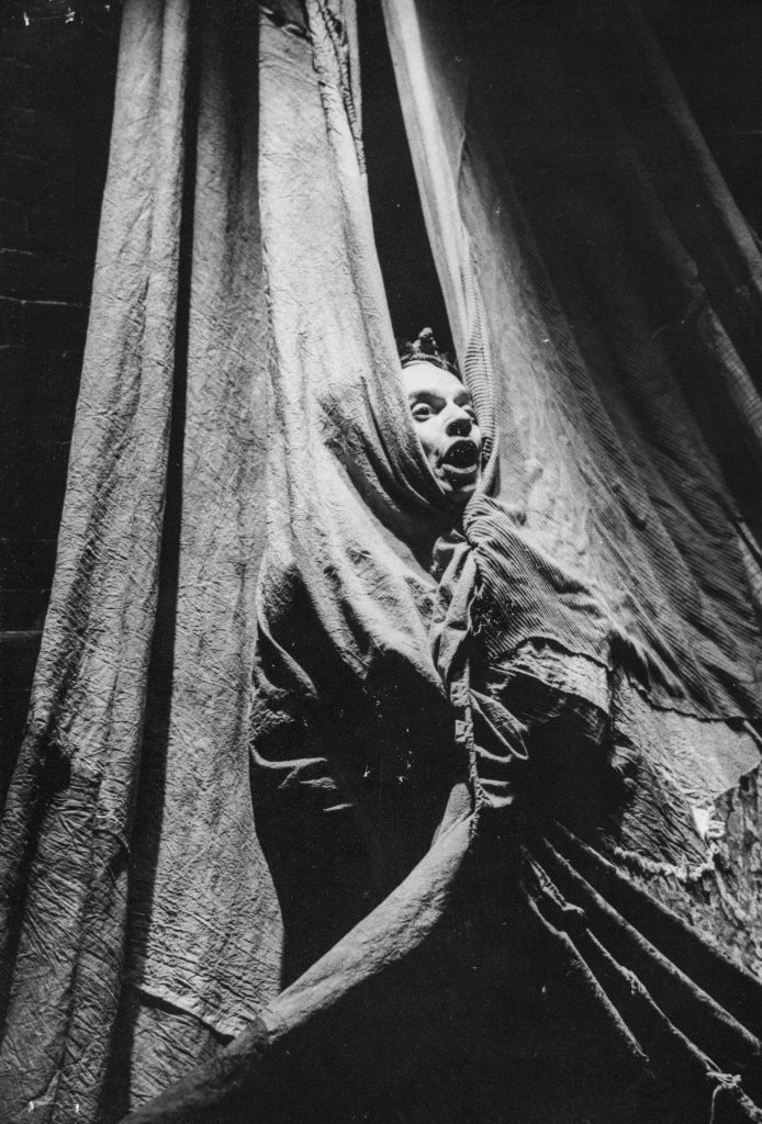 James Tait singing, his face peeking out between two sheer curtains.