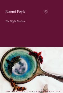 The cover of The Night Pavilion, featuring a photo by John Luke Chapman. An antique hand mirror lying on snow, reflecting the moon. Two moths gather round.