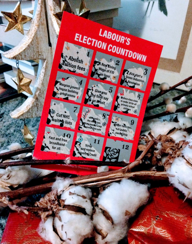 Image of a Labour Party scratchcard advent calendar, listing their election promises
